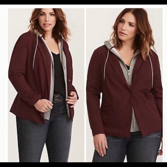 𝅺Torrid Burgundy Wine & Gray Layered Look Front Zippered Sweatshirt/Hoodie 2z - Picture 3 of 7